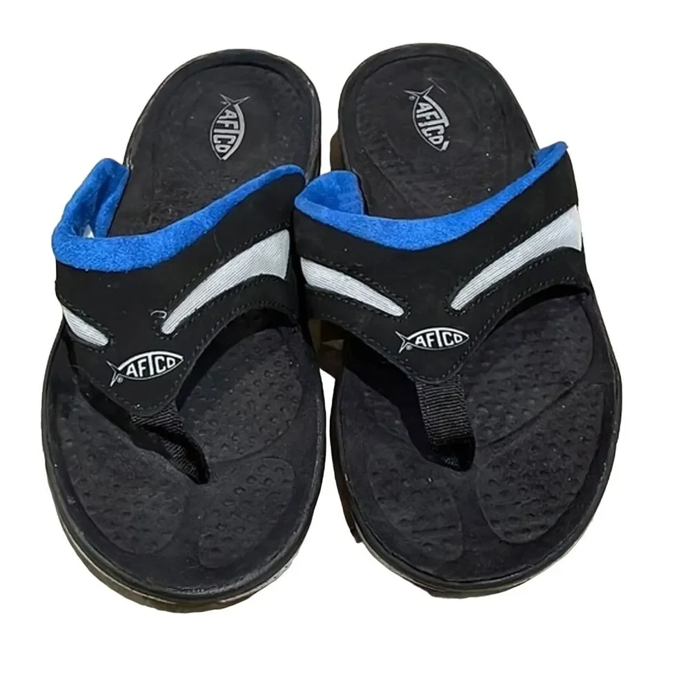 AFTCO Black & Blue Thong Angler Sandals Mens Size 7 Summer Travel Beach